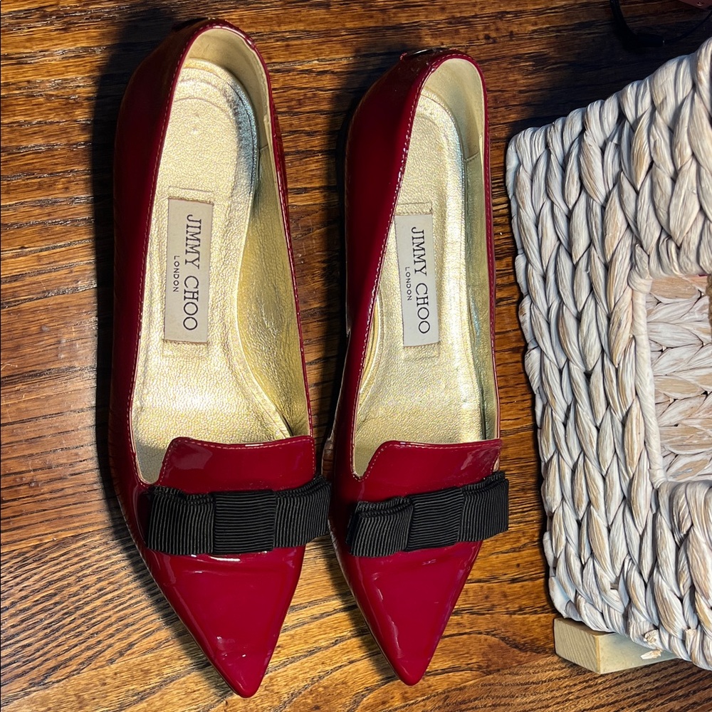 Jimmy Choo Burgundy Patent Leather Flats with Black Bow